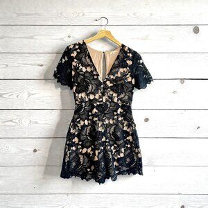 The Impeccable Pig Floral Black Lace Romper, Size S